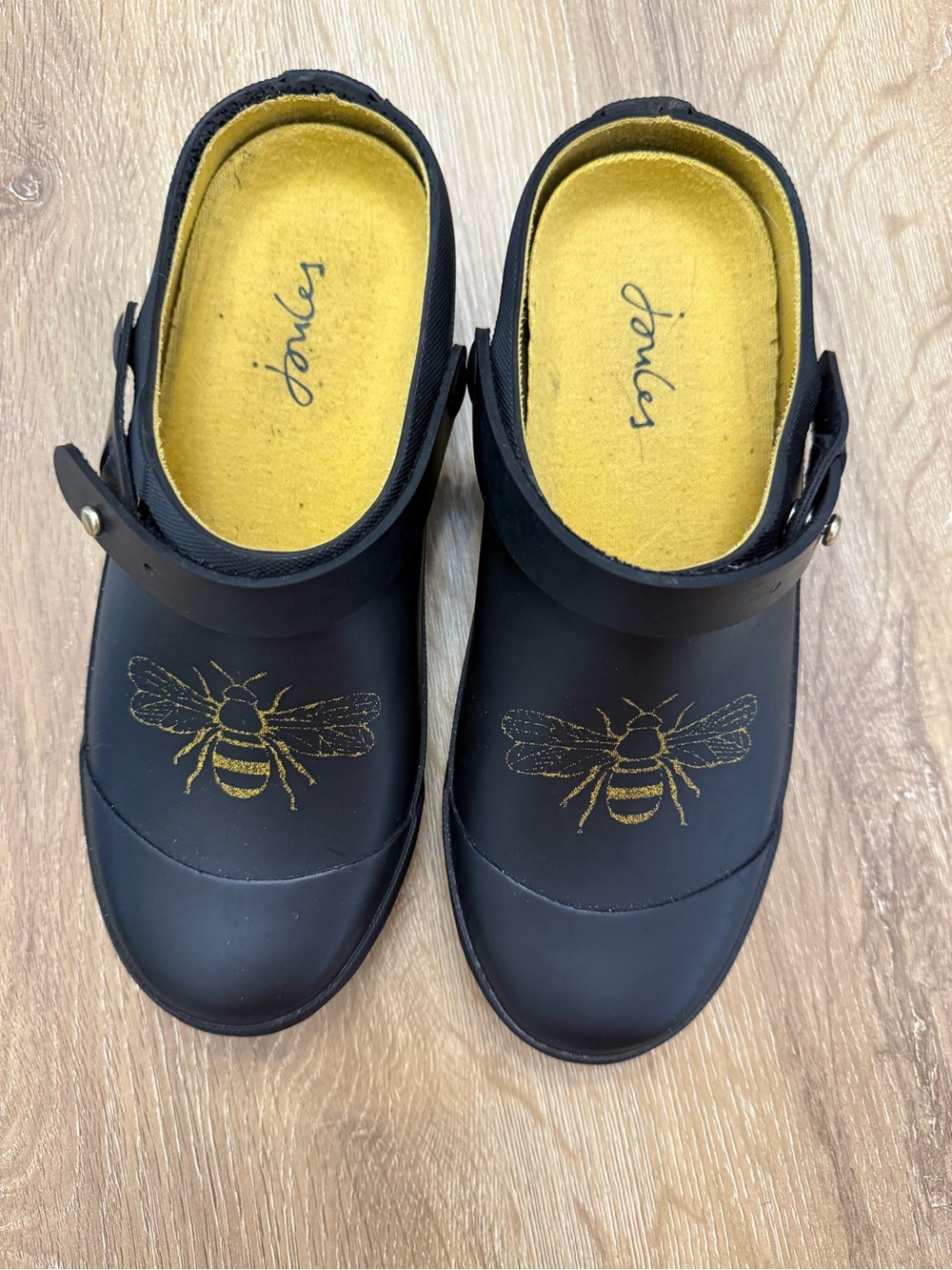 Joules Black Clogs with Gold Bee Detail